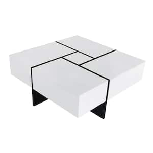 31.5 in. White Square Particle Board Top Coffee Table with 4 Hidden Storage Compartments and Extendable Sliding Tabletop