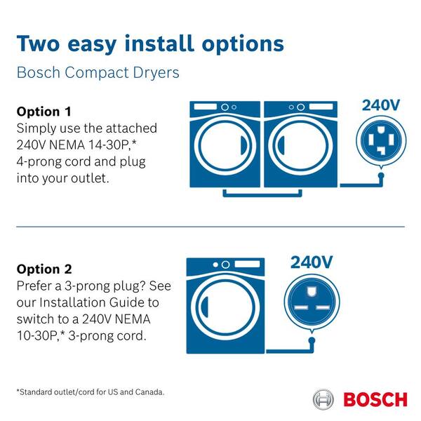 Bosch 300 Series 4 Cu Ft 240 Volt White Stackable Electric Ventless Condensate Compact Dryer Energy Star Wtguc The Home Depot