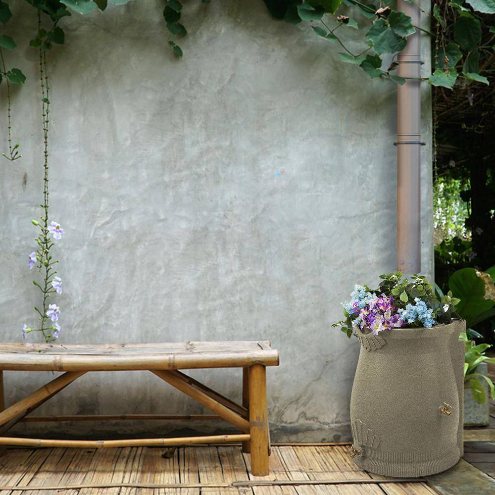 Sandstone Polyethylene 50 Gallon Urn Rain Barrel with Planter