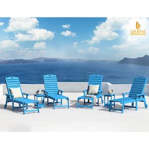Hampton Blue Patio Plastic Outdoor Chaise Lounge Chair with Adjustable Backrest Pool Lounge Chair and Wheels Set of 3