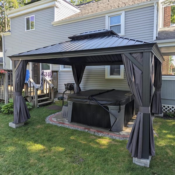 PURPLE LEAF 12 ft. x 14 ft. Gray Aluminum Power-Coated Frame Galvanized Steel Double Roof Hardtop Gazebo,Hooks, Netting,Gray Curtain