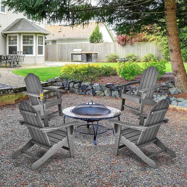 Grey Plastic Patio Adirondack Chair Weather-Resistant Garden Deck with Cup Holder (Set of 2)