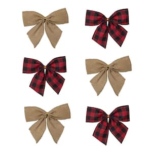 5.5 in. Buffalo Plaid and Burlap 2 Loop Christmas Bow Decorations (6-Pack)