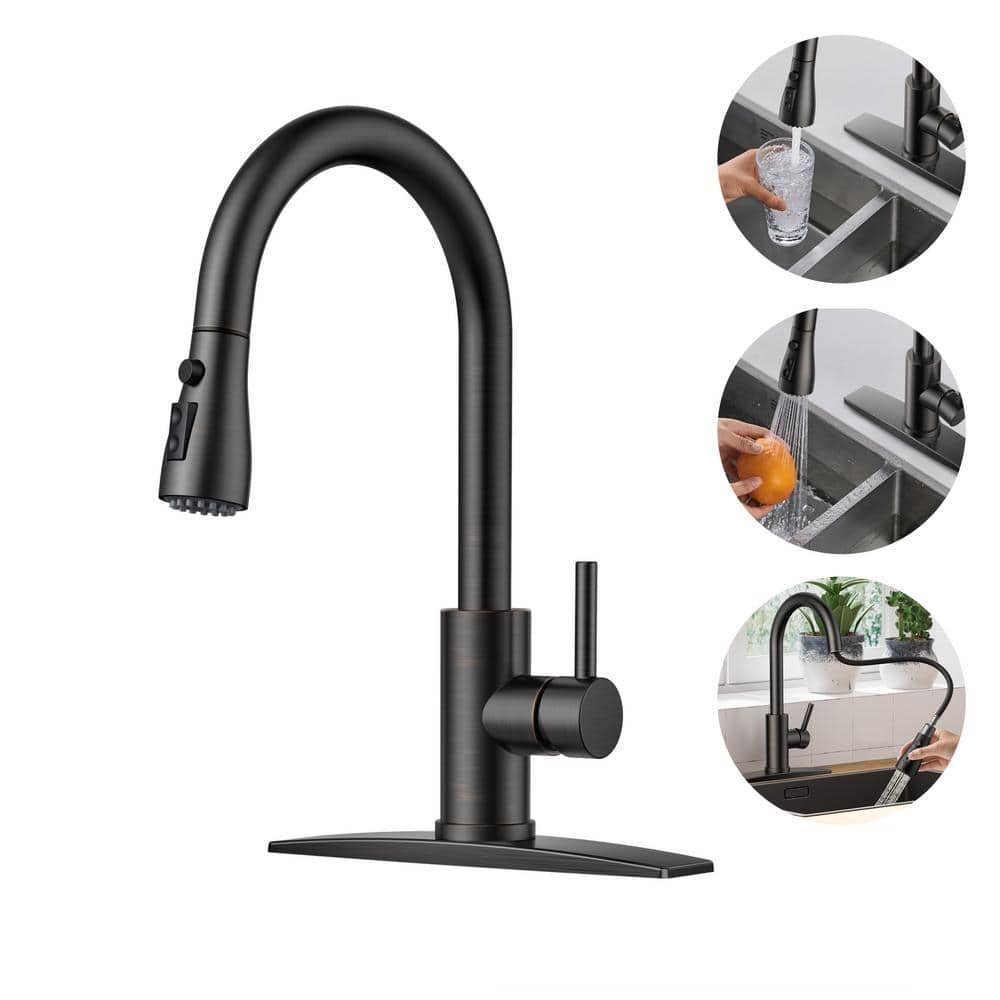 Single Handle Pull Down Sprayer Kitchen Faucet with Deck Plate in Oil Rubbed Bronze -  androme, H0023O