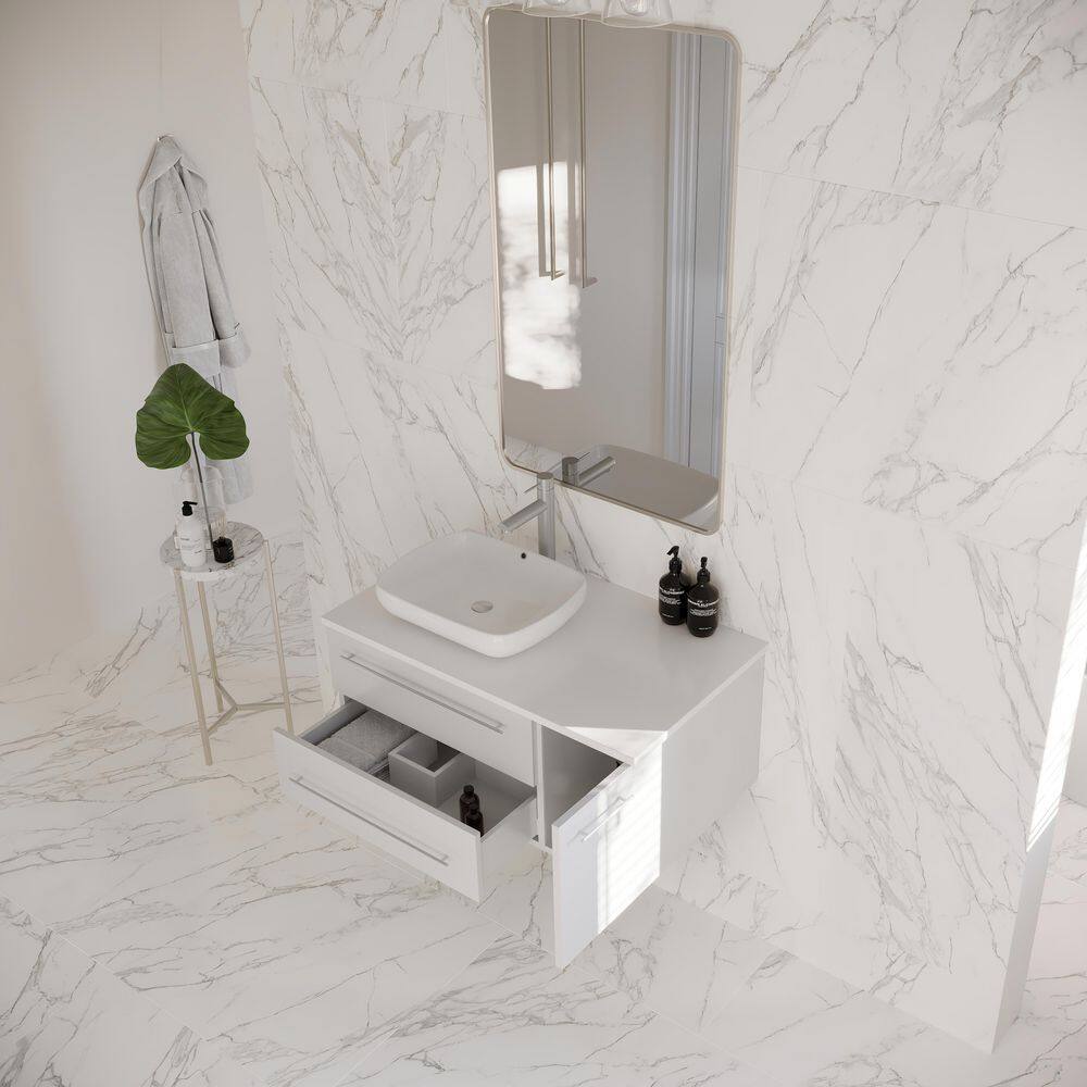 Lucera 36" White Quartz Stone Wall-Mount Vanity with Vessel Sink