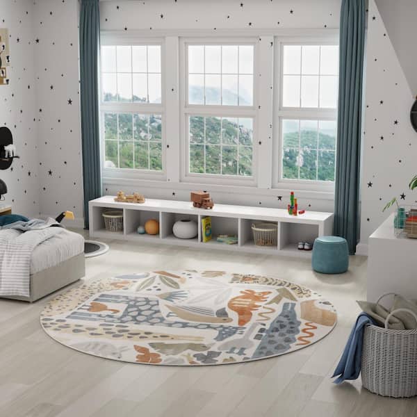 Astra Machine Washable Ivory 8 ft. x 8 ft. Graphic Contemporary Round Area Rug