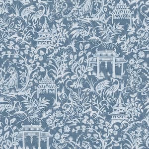 Secret Garden Blue Detailed Botantical Toile Design on Non-Woven Paper Non-Pasted Wallpaper Roll (Covers 57.75 sq. ft.)