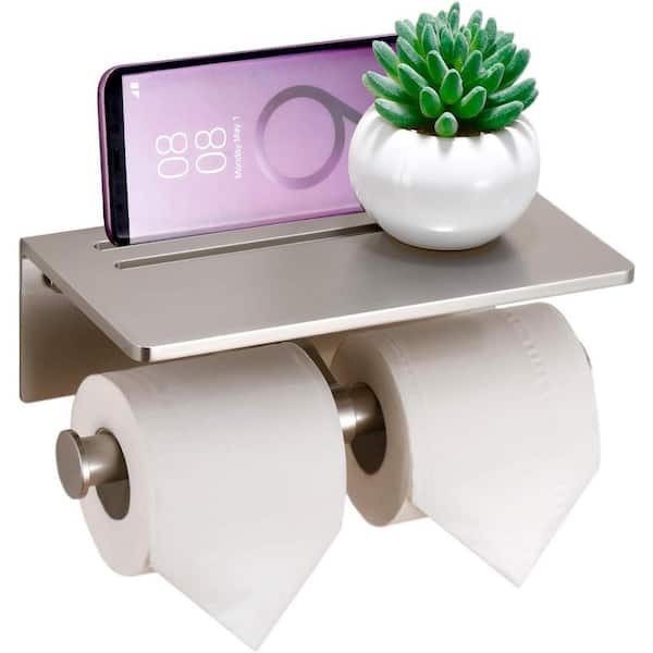 Unbranded Toilet Paper Holder with Shelf, Aluminum Paper Towel Holder with Bathroom Phone Storage, Brushed Nickel-2 Roll,Nickel
