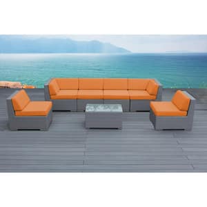 Ohana Gray 7-Piece Wicker Patio Seating Set with Supercrylic Orange Cushions
