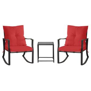3-Piece Metal Outdoor Bistro Set Rocking Chairs and Glass Coffee Table with Red Cushions