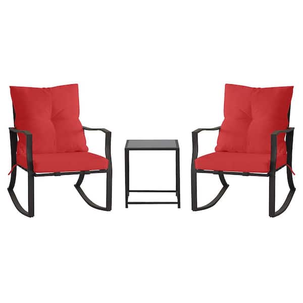Cesicia 3-Piece Metal Outdoor Bistro Set Rocking Chairs and Glass Coffee Table with Red Cushions