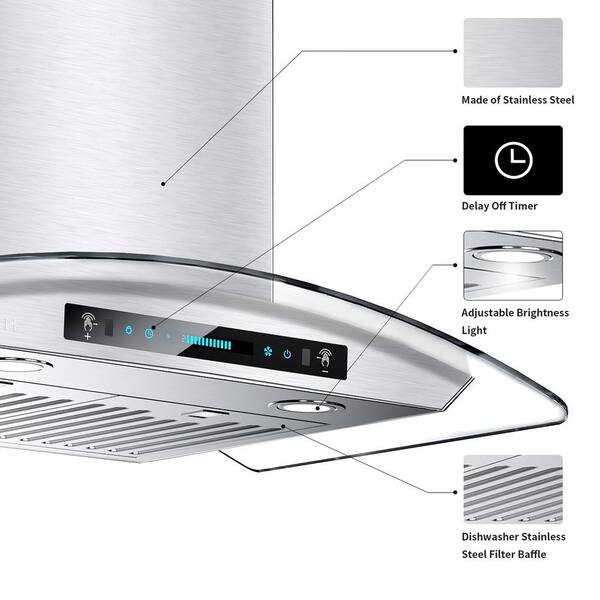 IKTCH 29.3 in. Wall Mount Range Hood Tempered Glass 900 CFM in Stainless Steel with LED Light and Remote Control, Silver