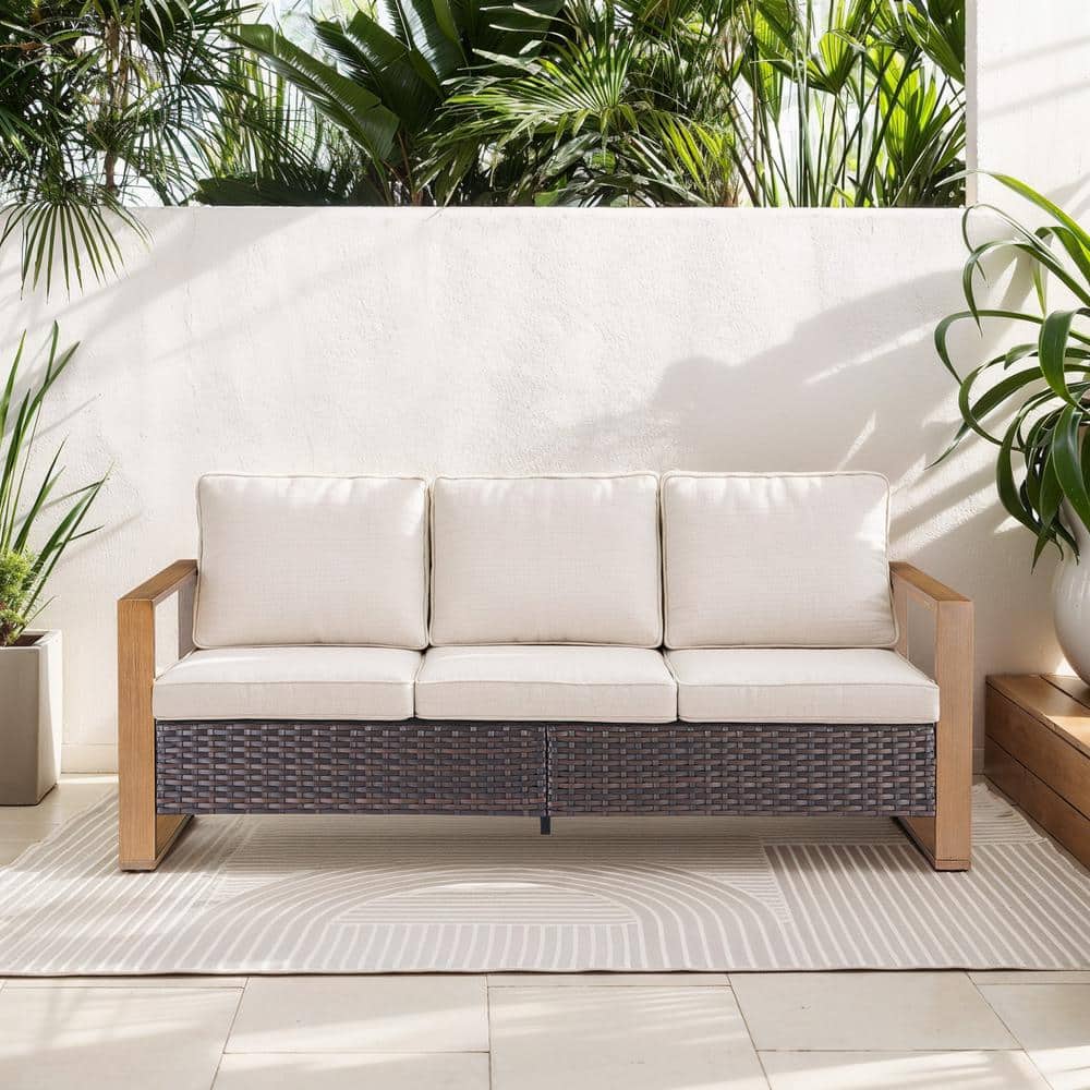 MetalWood Metal and Brown Wicker Outdoor 3-Seat Sectional Couch Sofa with Olefin Beige Cushions price history on PriceWatchPro