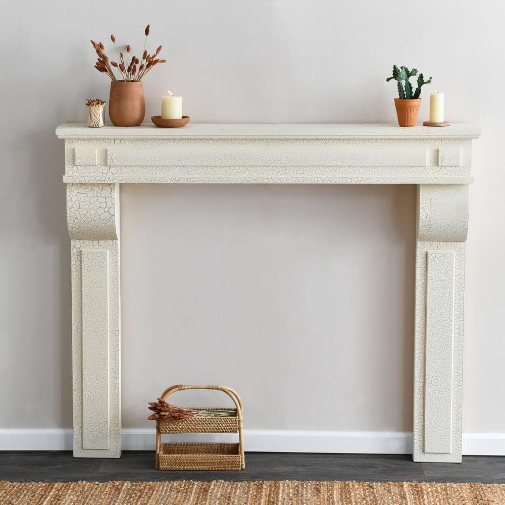 Distressed Cream Wood Wall Mount Fireplace Mantel, 50" Height