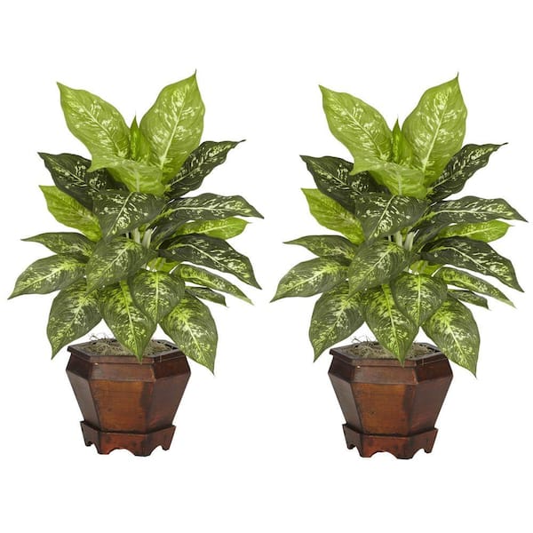 Nearly Natural 20.5 in. Artificial H Green Dieffenbachia Silk Plant with Wood Vase (Set of 2)