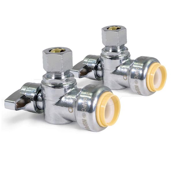 The Plumber's Choice 1/2 in. Push-to-Connect x 3/8 in. O.D. Compression 1/4 Turn Angle Stop Valve Water Shut Off Chrome pack of 2
