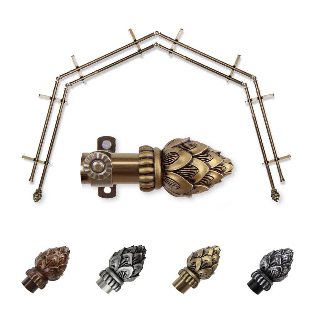 13/16" Dia Adjustable 4-Sided Double Bay Window Curtain Rod 28 to 48" (each side) with Jace Finials in Antique Brass
