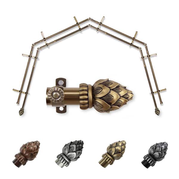 EMOH 13/16" Dia Adjustable 4-Sided Double Bay Window Curtain Rod 28 to 48" (each side) with Jace Finials in Antique Brass