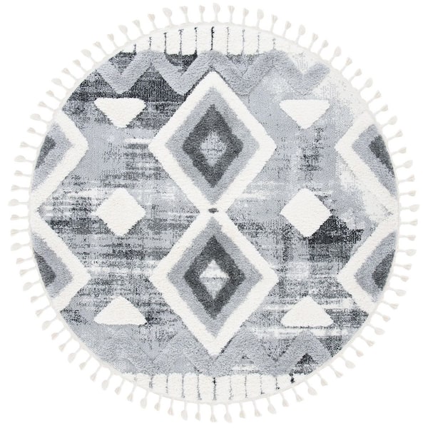 Moroccan Tassel Shag 7 ft. x 7 ft. Gray/Ivory High-Low Zig-Zag Diamond Round Area Rug