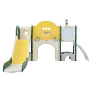 9 in 1 Yellow Kids Slide Playset with Slide, Arch Tunnel, Ring Toss, Drawing Whiteboardl and Basketball Hoop