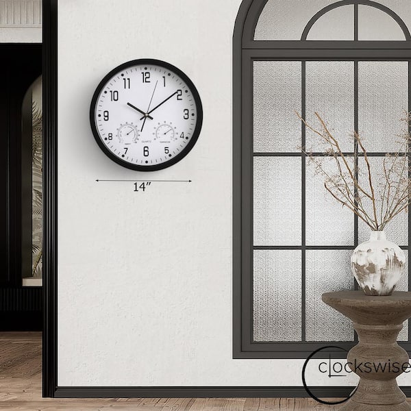 CLOCKSWISE 14 in. Non-Ticking Wall Clock Thermometer, Hygrometer