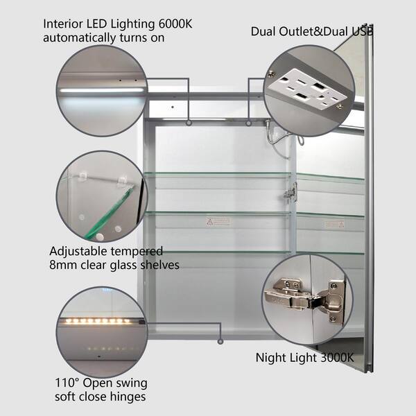 Fresca 15-in x 36-in Lighted LED Fog Free Surface/Recessed Mount LED Mirror Mirrored Soft Close Medicine Cabinet with Outlet