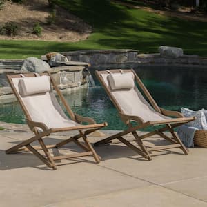 Beige Wood Reclining Beach Chair with Back (Set of 2)