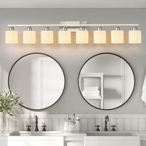 52 in. 8 Light Bathroom Light Fixtures, Nickel Vanity Light with Milky White Glass Shade