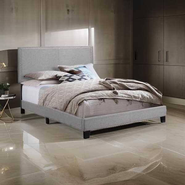 Benjara Gray and Black Wood Frame King Platform Bed with Upholstered Headboard