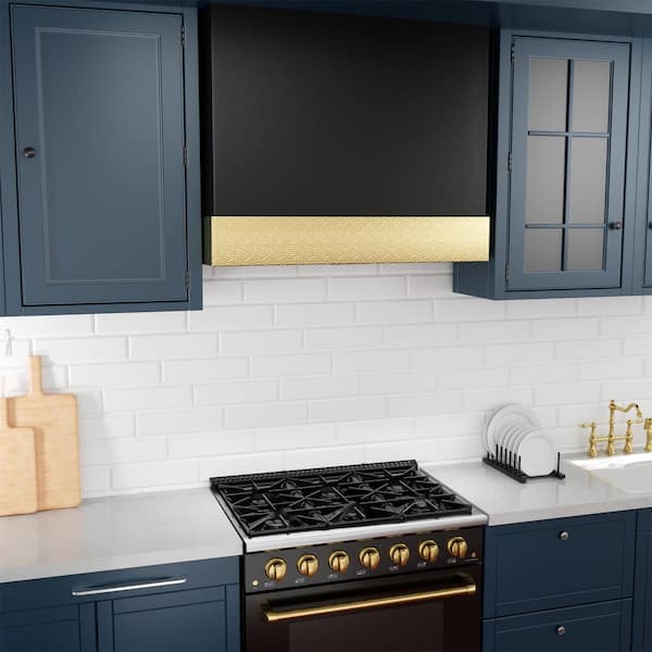 36 in. Stainless Steel Ducted Wall Mount Range Hood with Powerful 600 CFM Vent Motor, 3-Speed, in Black with Gold