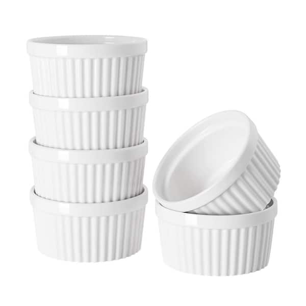 6-Piece Soft White Ceramic Ramekins Oven Safe Versatile Baking Bowls with Stackable Design for Dessert Souffle
