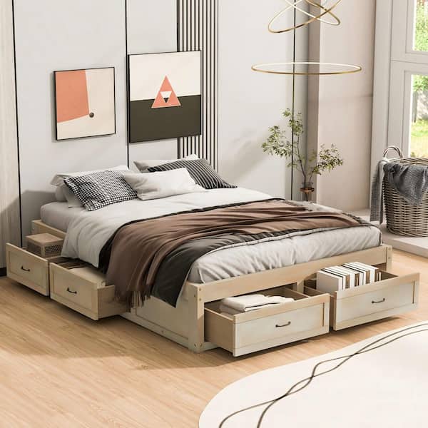 anpport Rustic Antique Beige Wood Frame Queen Platform Bed with 6 Storage Drawers