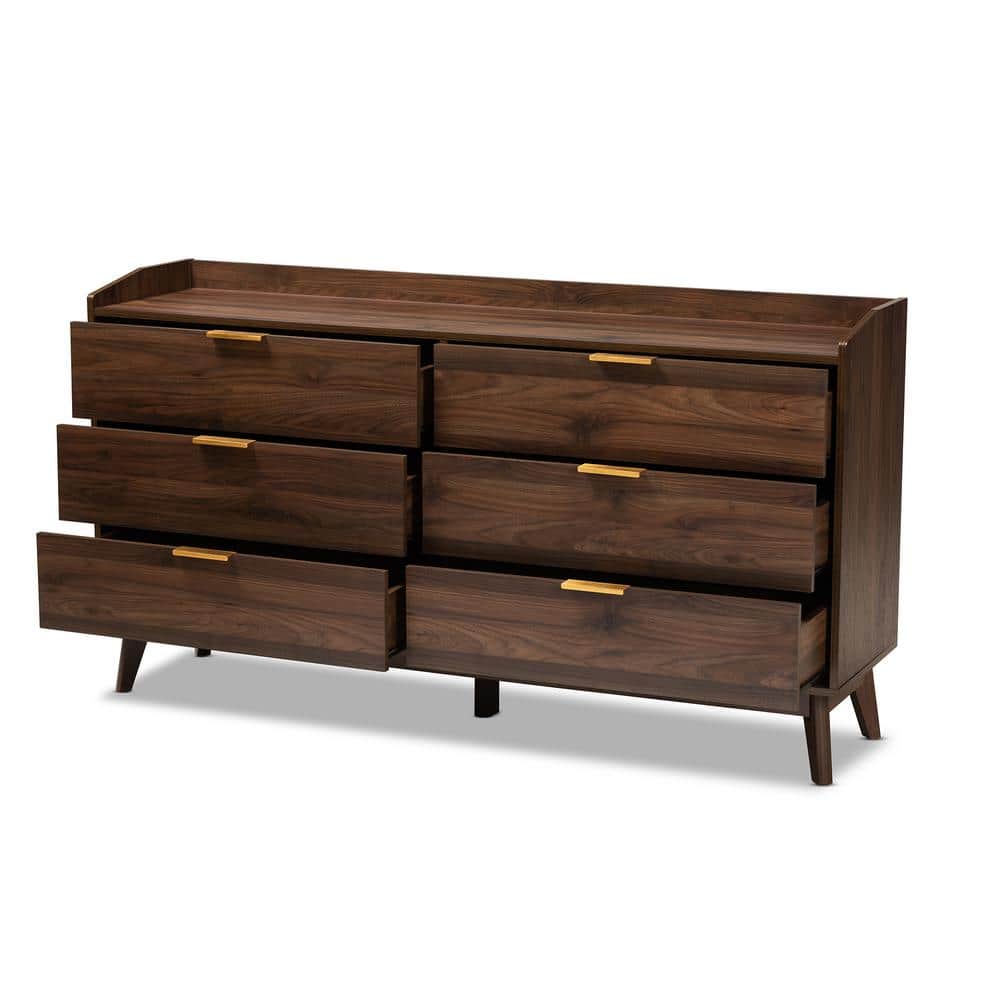 Elegant Mid-Century Walnut Brown Dresser with Gold-Tone Handles, 6 Drawers