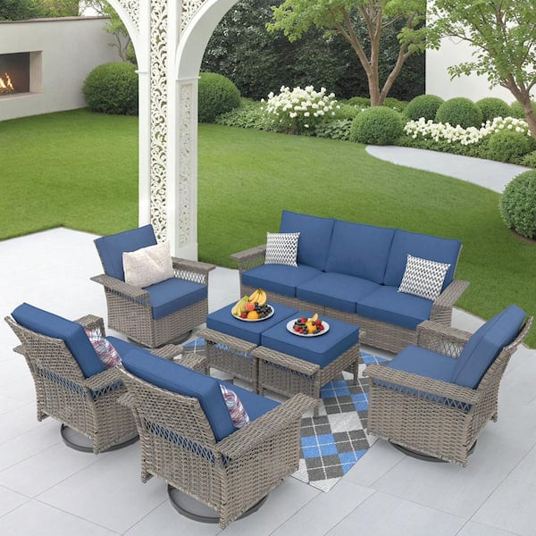 Buenaola Nyajiah 7-Piece Wicker Patio Conversation Set with Blue Cushions