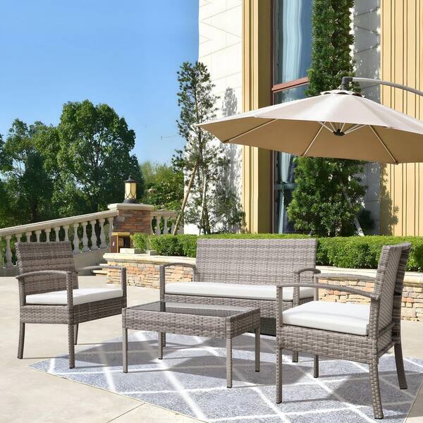 Kahomvis 4-Piece Wicker Patio Conversation Set with Cushions