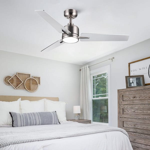 48 in. Modern Brush Nickel 6-Speed White Blades Downrod Mount Standard Ceiling Fan with 3-Color Dimmable LED Light