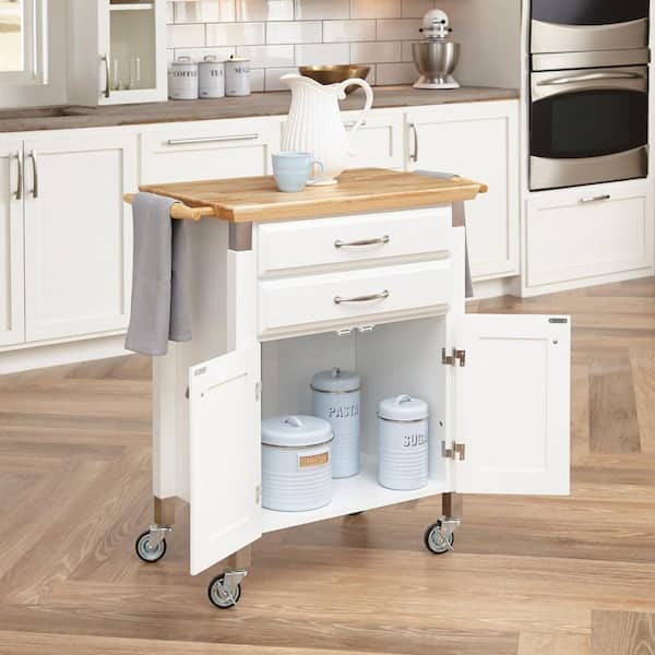 Dolly Madison White Kitchen Cart with Natural Wood Top
