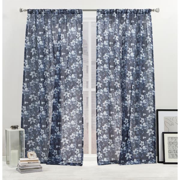 Dara Indigo Floral Light Filtering Rod Pocket Curtain, 54 in. W x 96 in. L (Set of 2)