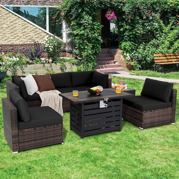 Gymax 7-Pieces Patio Rattan Furniture Set 42 in. Fire Pit Table with Cover Cushioned Black