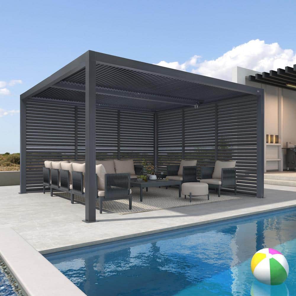 PURPLE LEAF 12 ft. x 14 ft. Gray Aluminum Louvered Pergola with 2