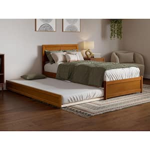 Lylah Light Toffee Natural Bronze Solid Wood Frame Twin XL Platform Bed with Panel Footboard and Twin XL Trundle