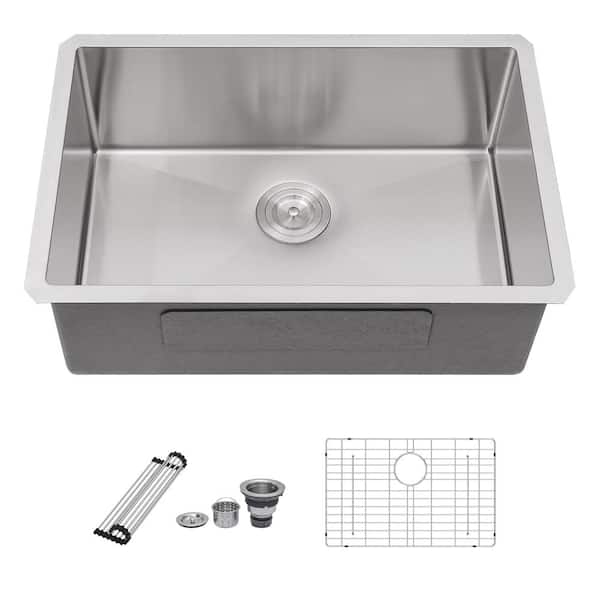 27 in. Undermount Single Bowl 16 Gauge Brushed Nickel Stainless Steel Kitchen Sink with Bottom Grids