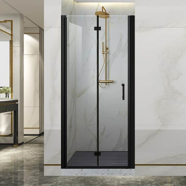 Lonni 30-31.9 in. W x 72 in. H Bi-Fold Frameless Shower Door in Black with Clear Glass