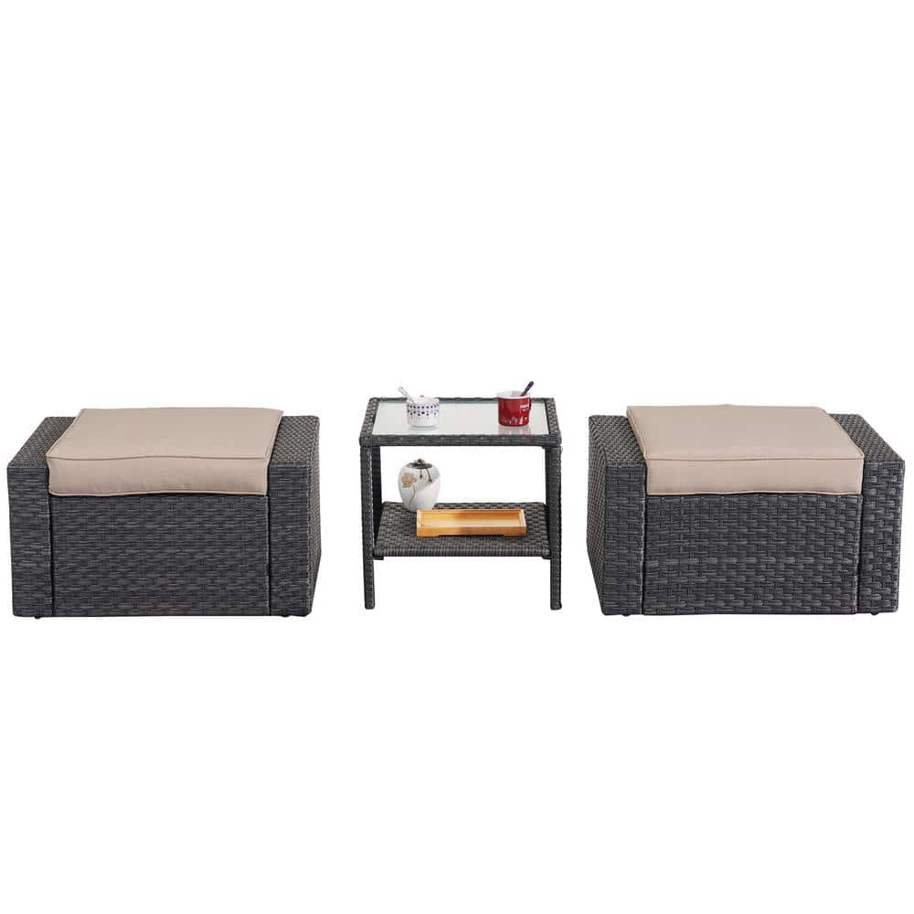 Black Wicker Outdoor Ottomans Patio Conversation Sets with Brown Cushions a