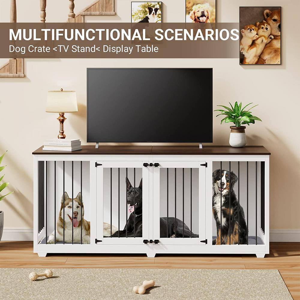 White and Brown Large Wooden Double Dog Crate Furniture