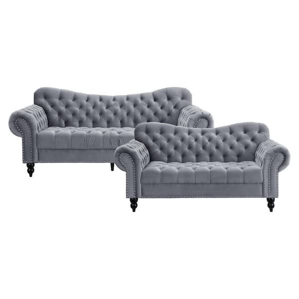 EVERGLADE HOME Desboro 156 in. W Rolled Arm Velvet Rectangle Sofa in Gray with 5-Seats