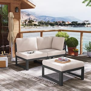 Patio Aluminum Outdoor Loveseat Sofa Bed Combination Seating with Beige Cushions