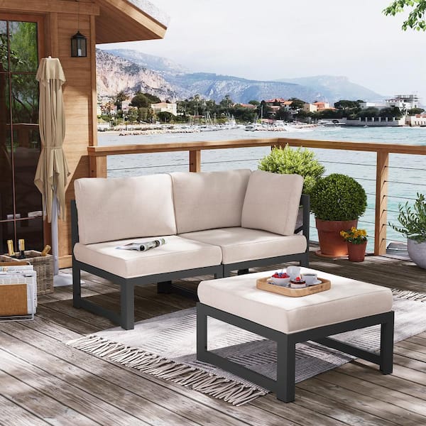 Patio Aluminum Outdoor Loveseat Sofa Bed Combination Seating with Beige Cushions