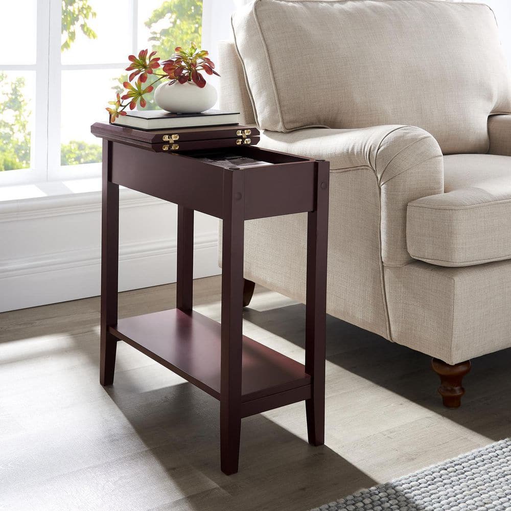 HOMESTOCK Cherry Narrow End Table with Storage, Flip Top Narrow Side