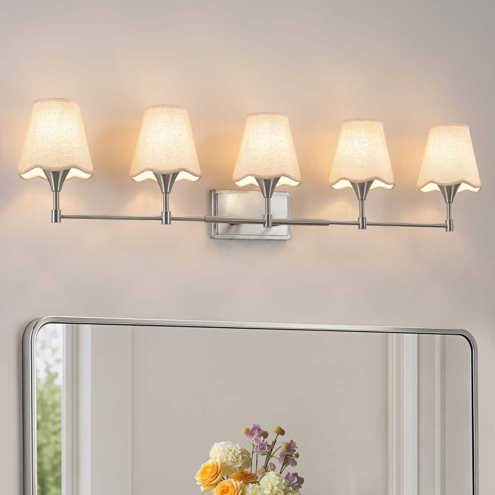 44 In. 5 Light Modern Brushed Nickel Indoor Vanity Light with Fabric Shades and E26 Socket Base price history on PriceWatchPro